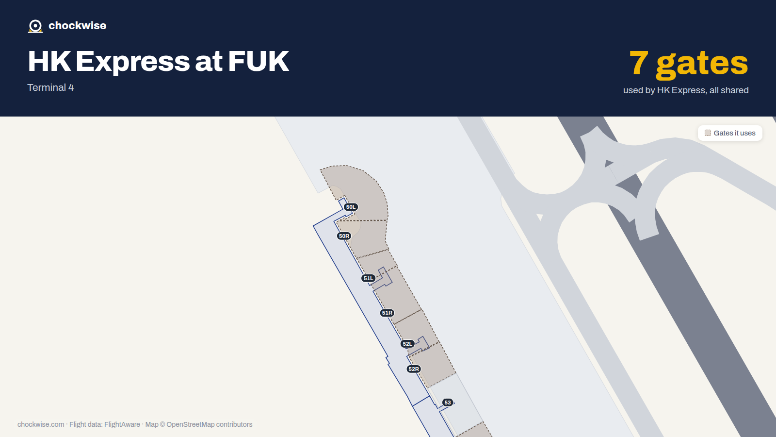 Map of FUK with the gates HK Express uses highlighted: 50L, 50R, 51L, 51R, 52L, 52R and 54.