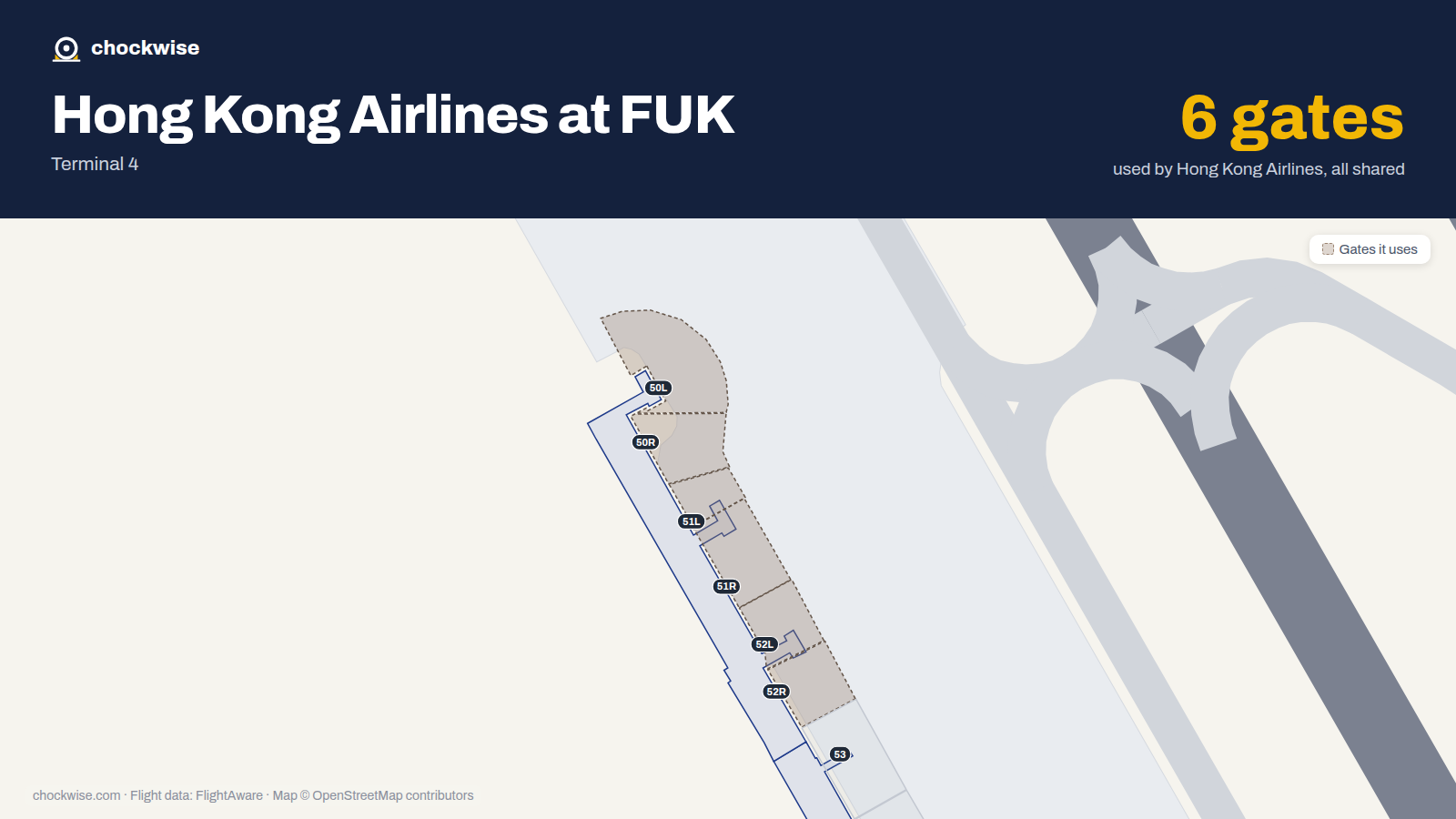 Map of FUK with the gates Hong Kong Airlines uses highlighted: 50L, 50R, 51L, 51R, 52L and 52R.