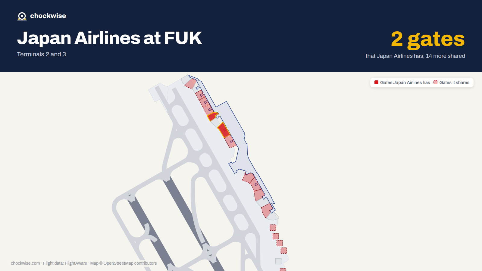 Map of FUK with the gates Japan Airlines uses highlighted: 6 and 7.