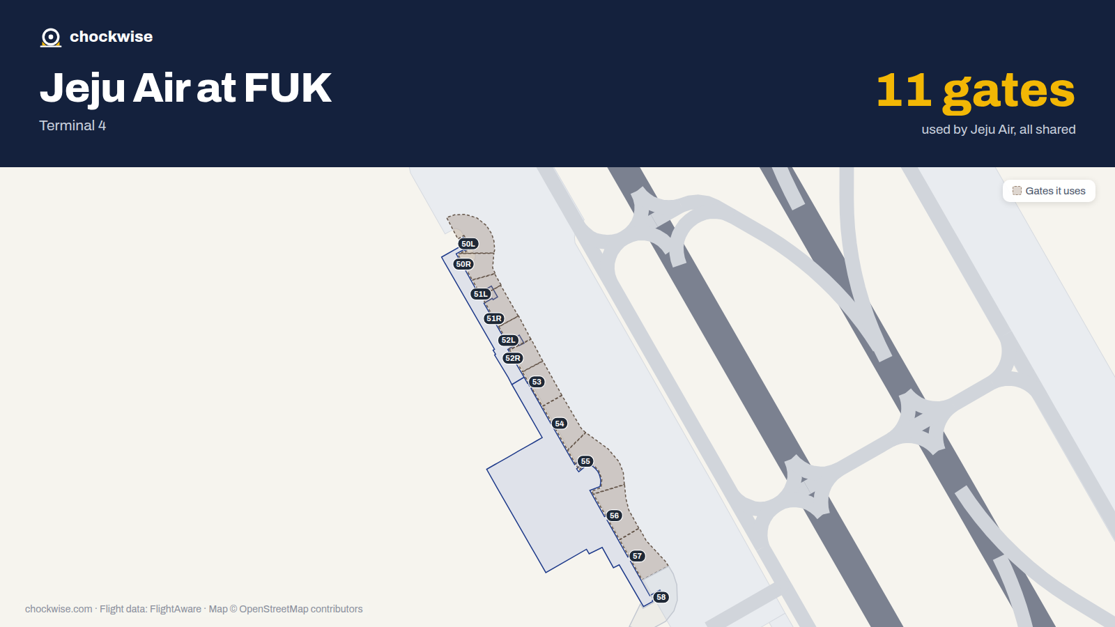 Map of FUK with the gates Jeju Air uses highlighted: 50L, 50R, 51L, 51R, 52L, 52R, 53, 54 and 3 more.