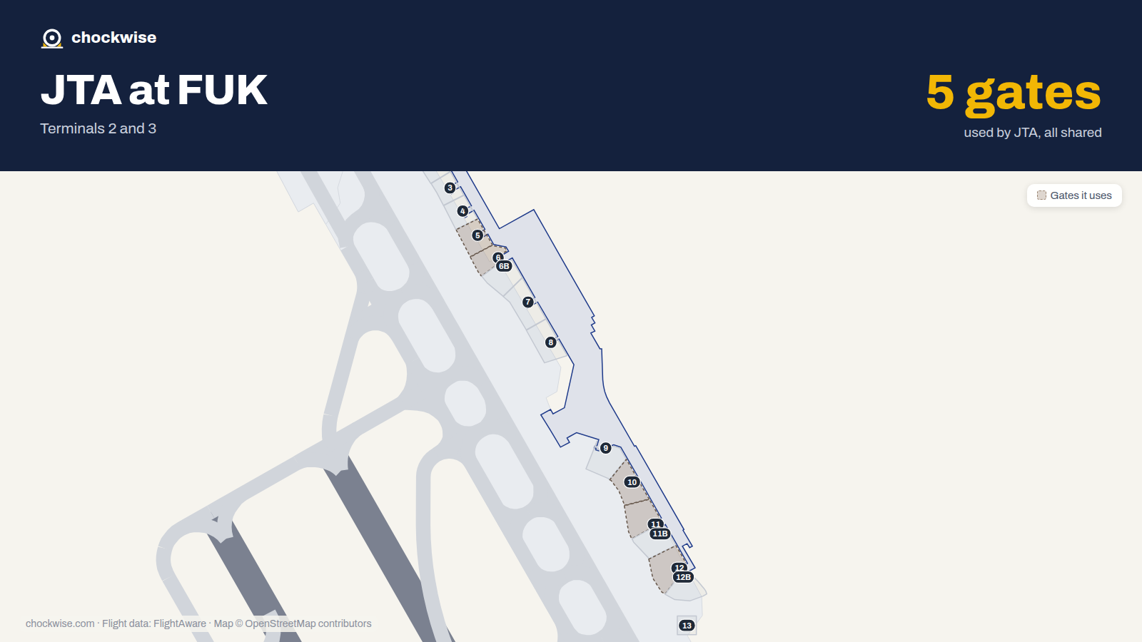 Map of FUK with the gates Japan Transocean Air uses highlighted: 5, 6, 10, 11 and 12.