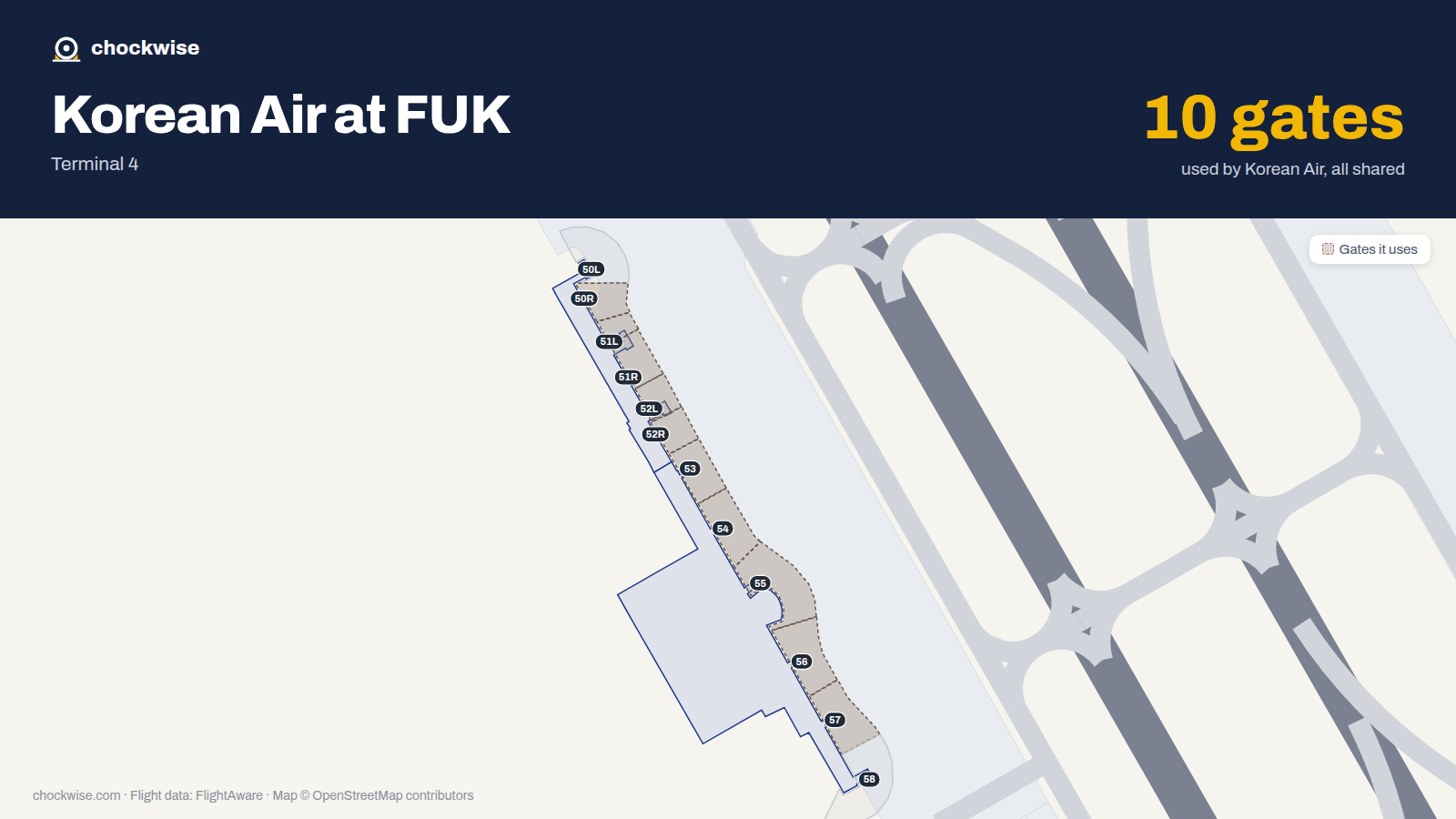 Map of FUK with the gates Korean Air uses highlighted: 50R, 51L, 51R, 52L, 52R, 53, 54, 55 and 2 more.
