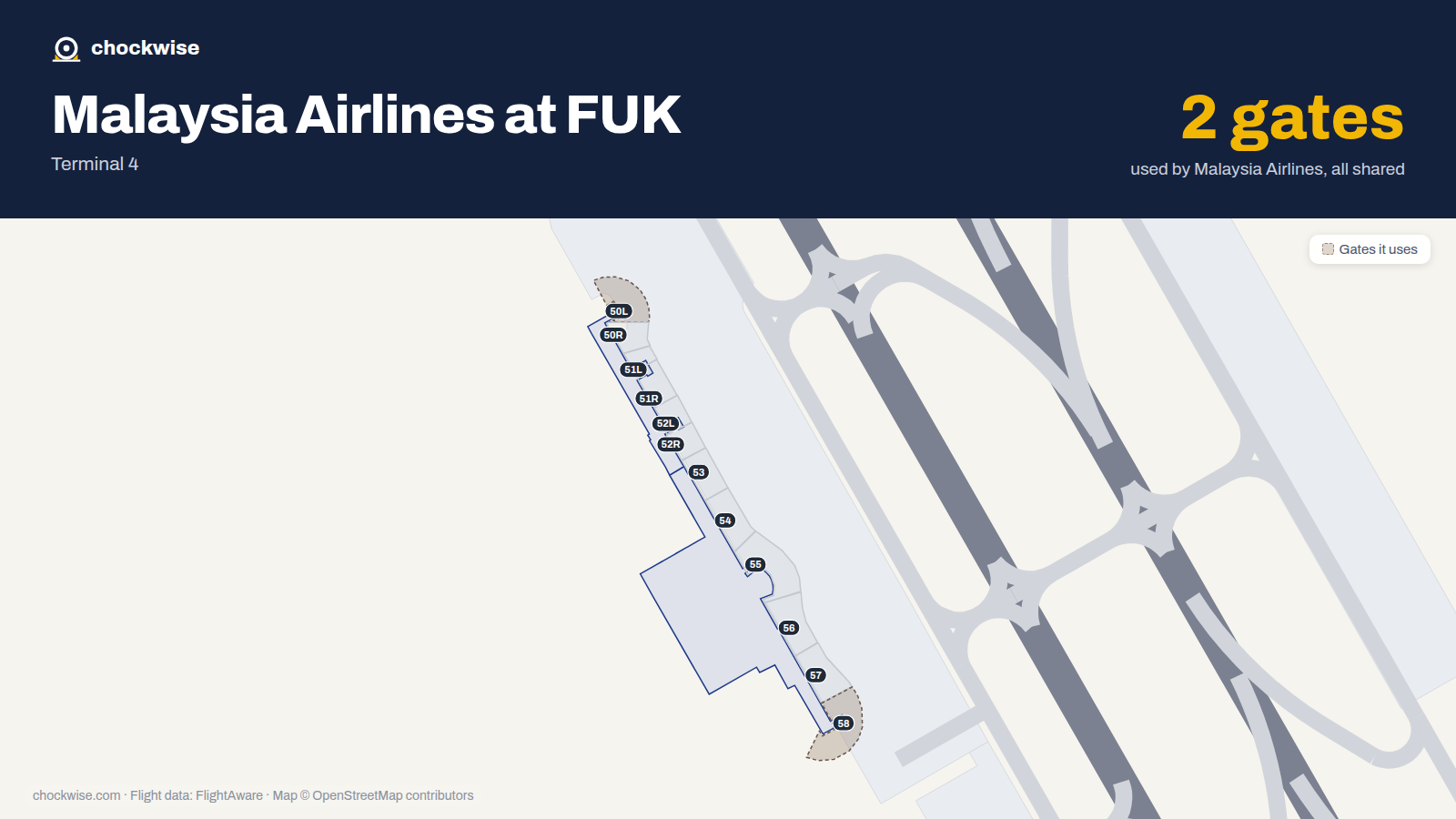 Map of FUK with the gates Malaysia Airlines uses highlighted: 50L and 58.
