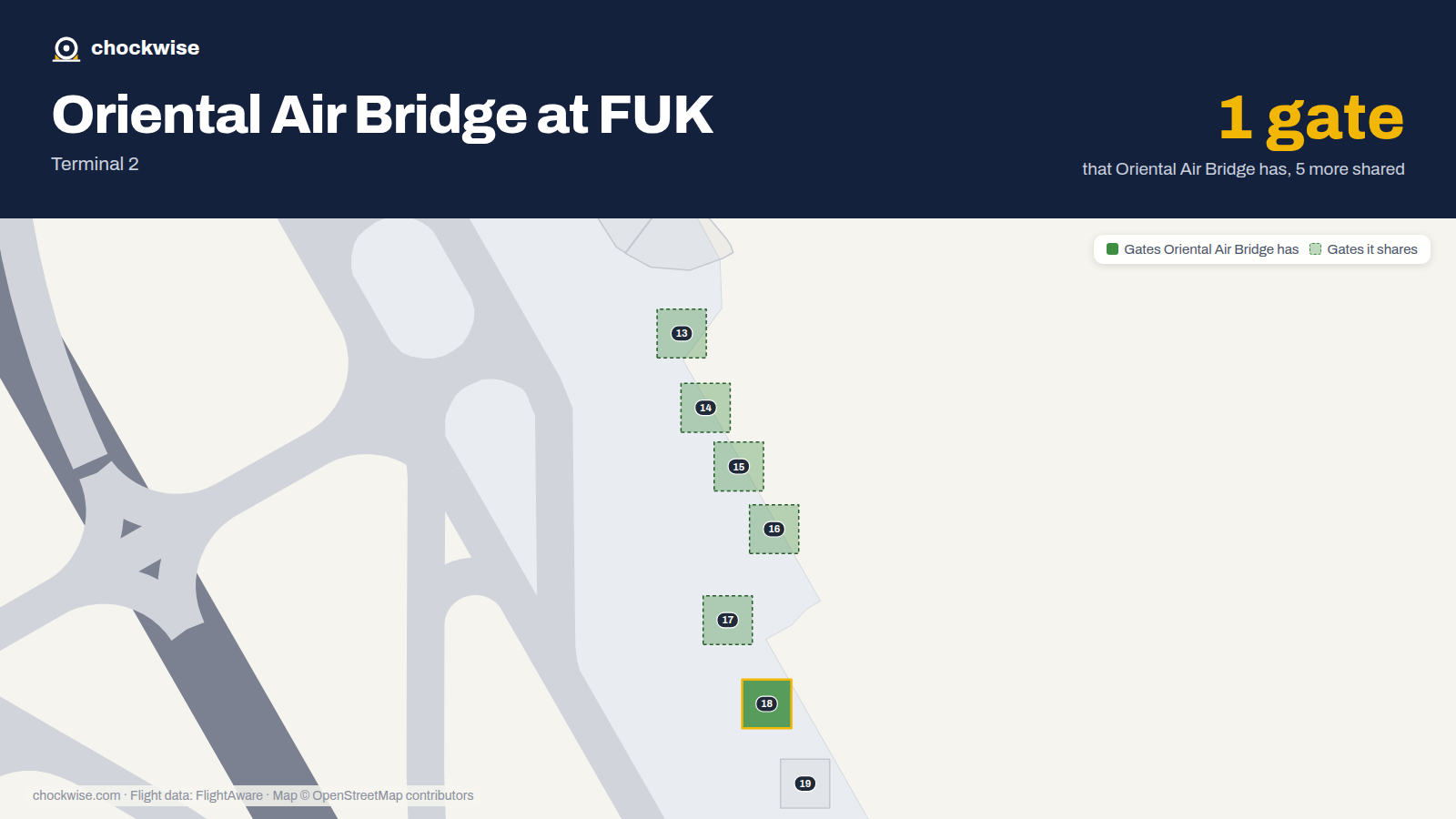 Map of FUK with the gates Oriental Air Bridge uses highlighted: 18.