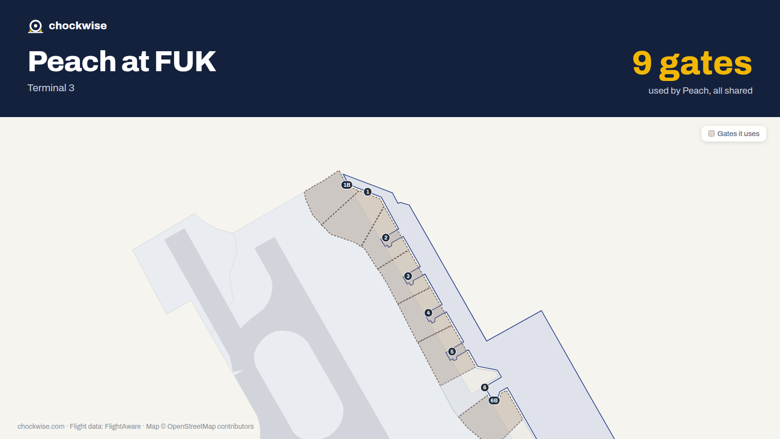 Map of FUK with the gates Peach Aviation uses highlighted: 1, 1B, 2, 3, 4, 5, 6B, 11 and 1 more.
