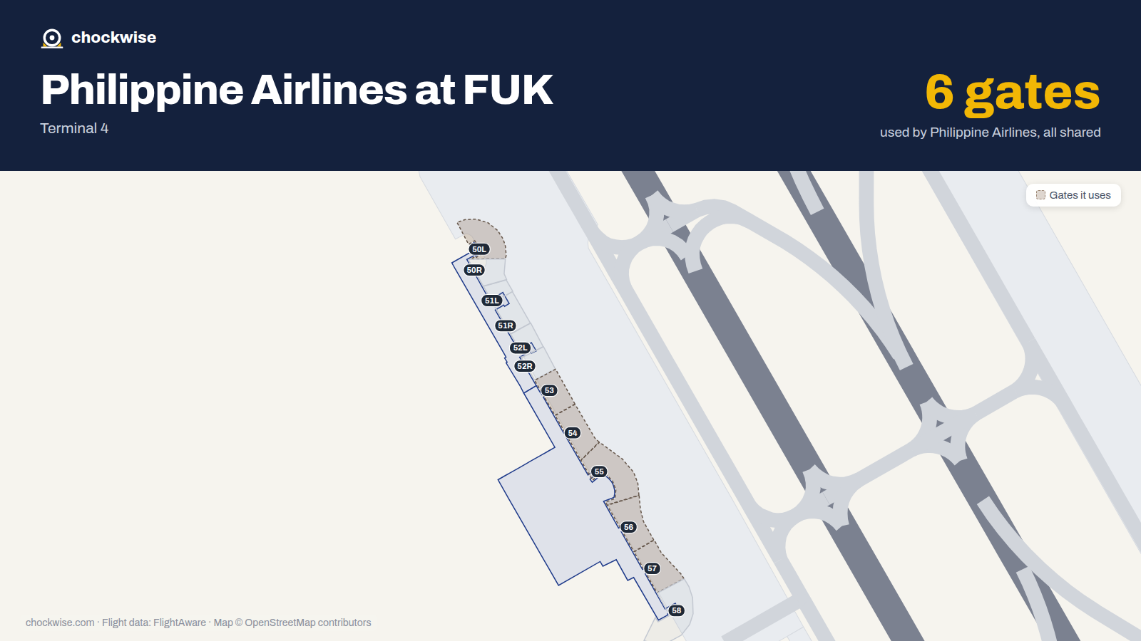 Map of FUK with the gates Philippine Airlines uses highlighted: 50L, 53, 54, 55, 56 and 57.
