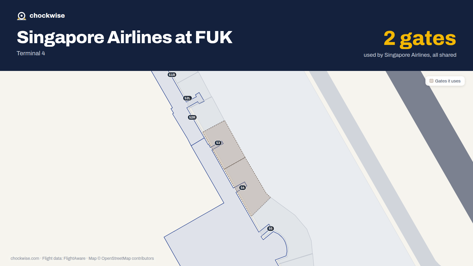 Map of FUK with the gates Singapore Airlines uses highlighted: 53 and 54.