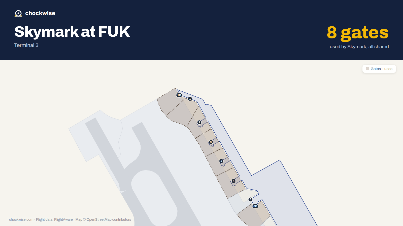 Map of FUK with the gates Skymark Airlines uses highlighted: 1, 1B, 2, 3, 4, 5, 6B and 11.