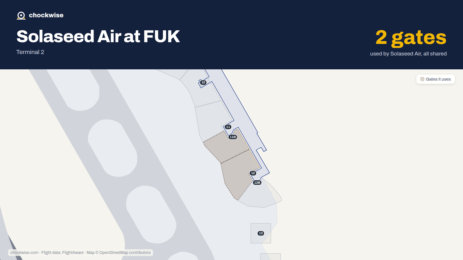 Map of FUK with the gates Solaseed Air uses highlighted: 11B and 12.
