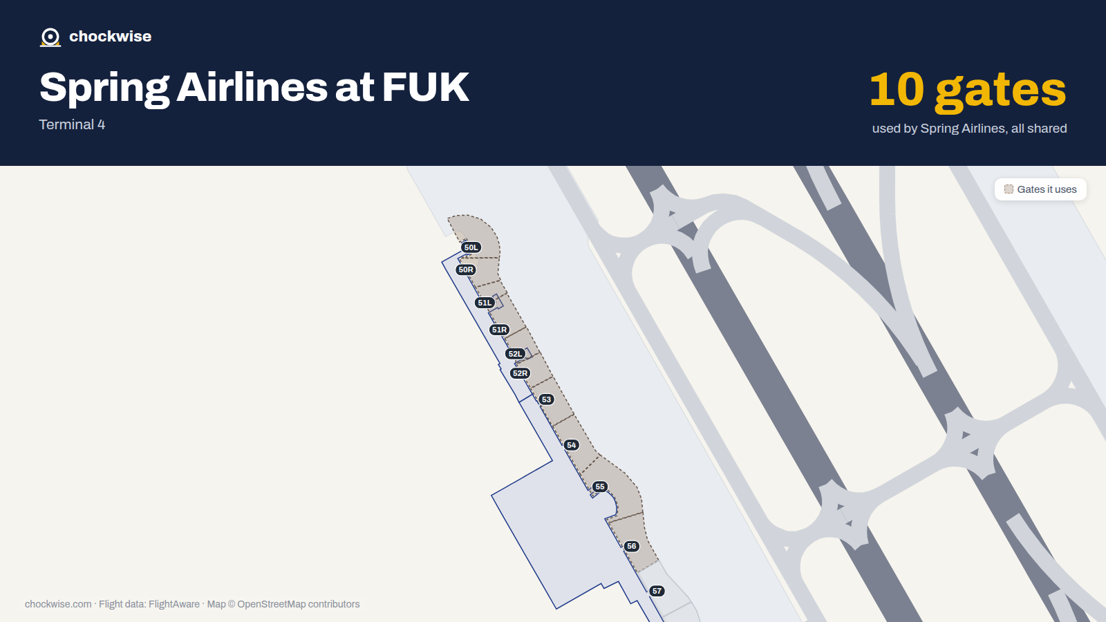 Map of FUK with the gates Spring Airlines uses highlighted: 50L, 50R, 51L, 51R, 52L, 52R, 53, 54 and 2 more.