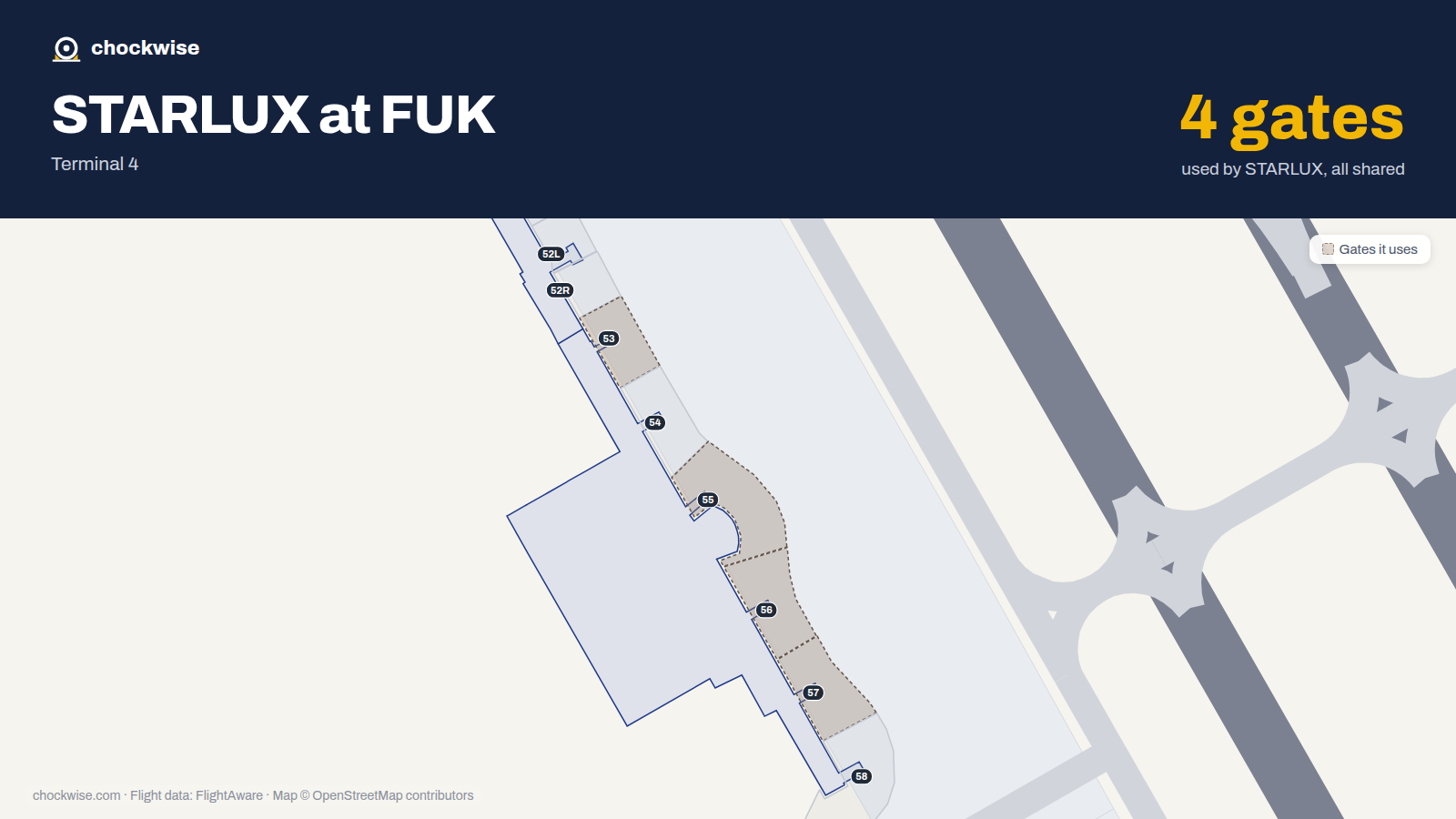 Map of FUK with the gates STARLUX Airlines uses highlighted: 53, 55, 56 and 57.