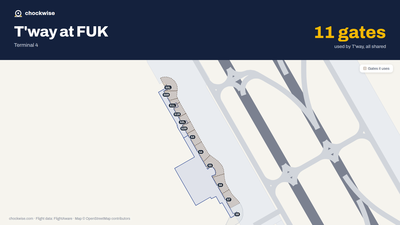 Map of FUK with the gates T'way Air uses highlighted: 50L, 50R, 51L, 51R, 52L, 52R, 53, 54 and 3 more.