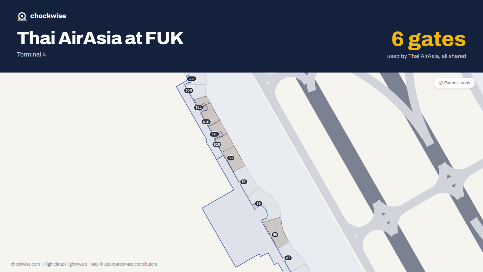 Map of FUK with the gates Thai AirAsia uses highlighted: 51L, 51R, 52L, 52R, 53 and 56.