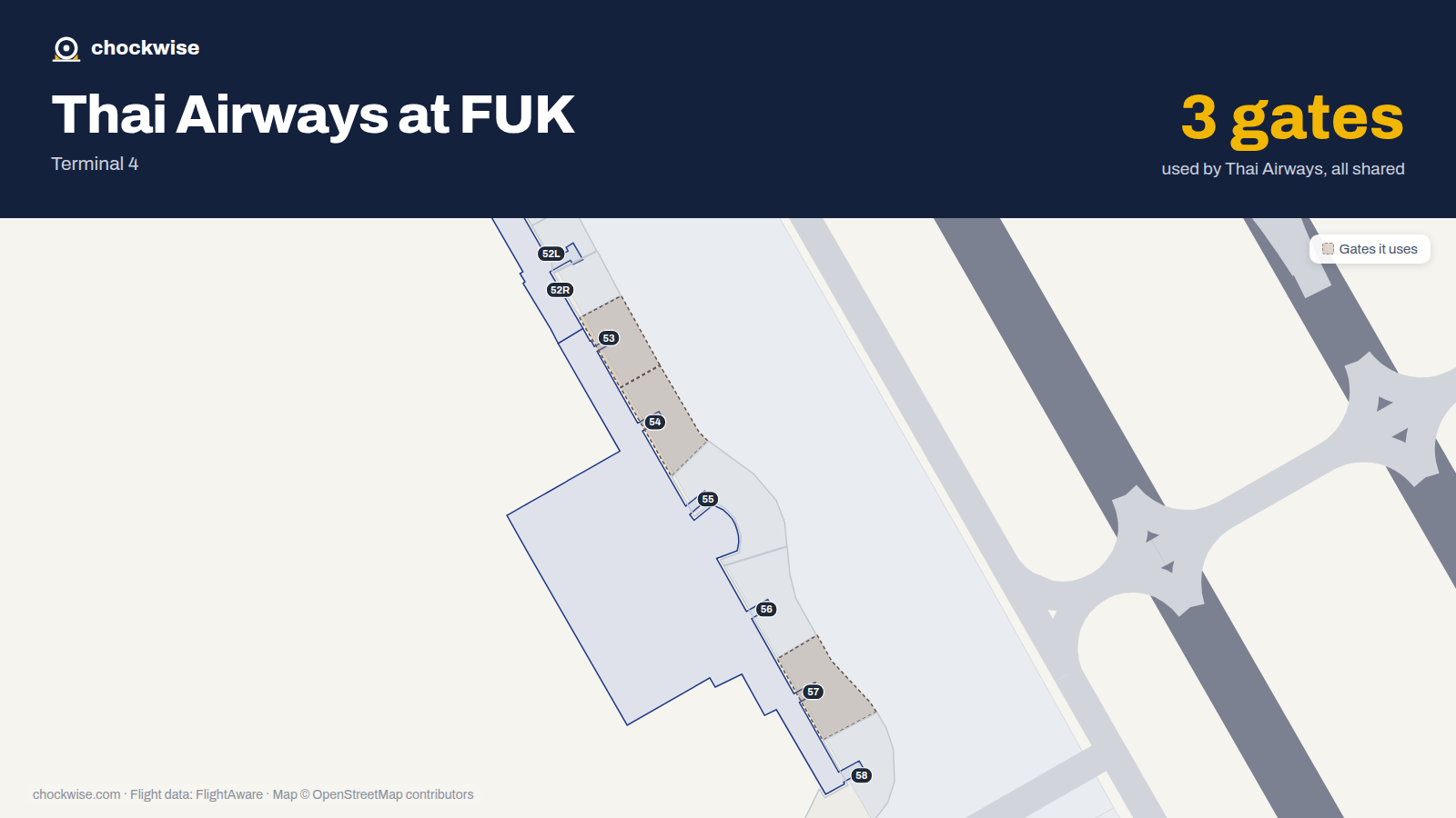 Map of FUK with the gates Thai Airways uses highlighted: 53, 54 and 57.