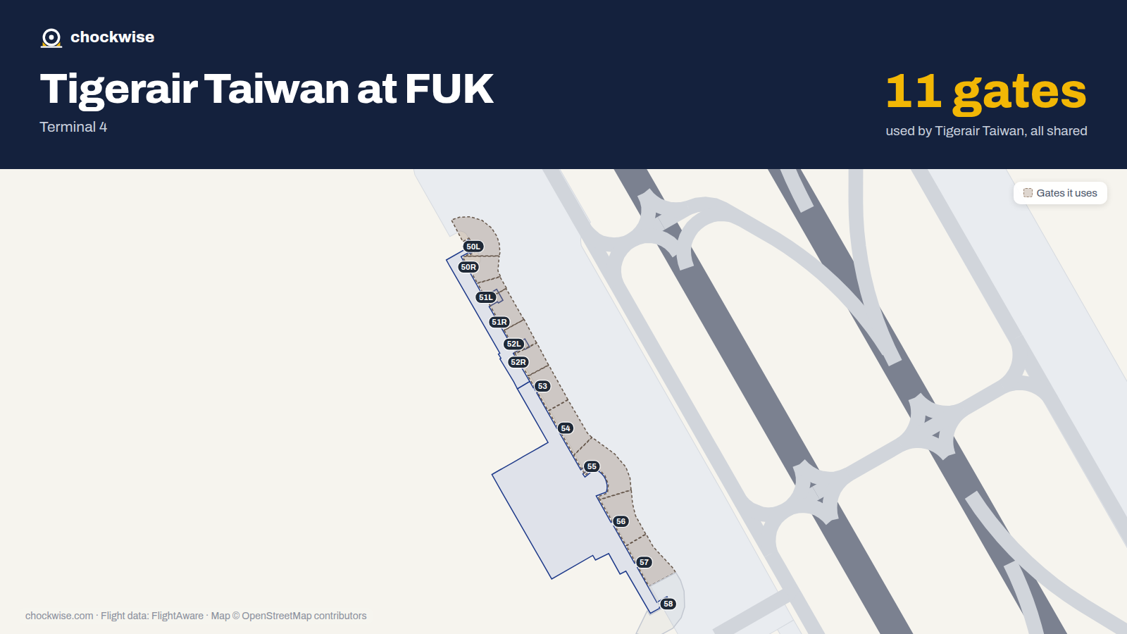 Map of FUK with the gates Tigerair Taiwan uses highlighted: 50L, 50R, 51L, 51R, 52L, 52R, 53, 54 and 3 more.