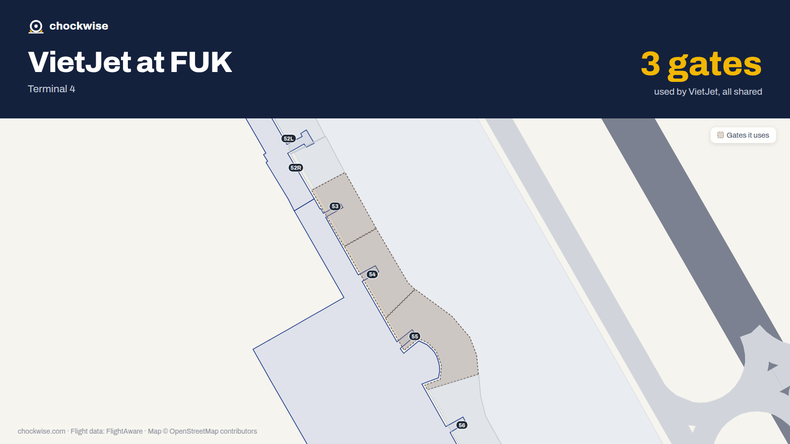 Map of FUK with the gates VietJet Air uses highlighted: 53, 54 and 55.