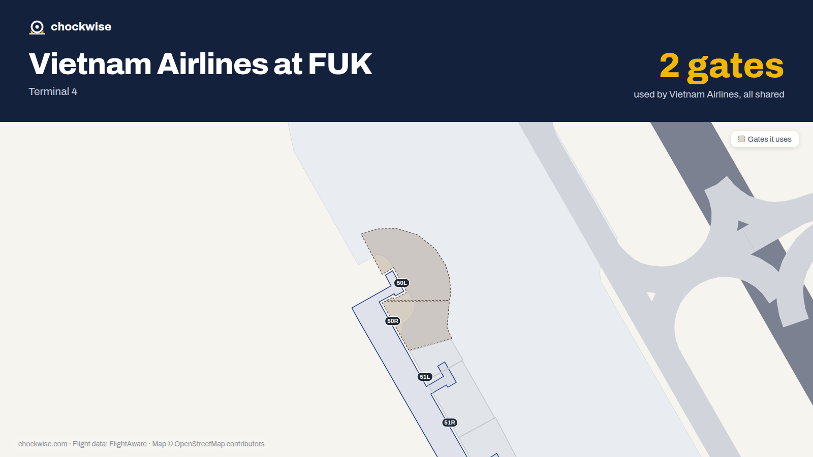 Map of FUK with the gates Vietnam Airlines uses highlighted: 50L and 50R.