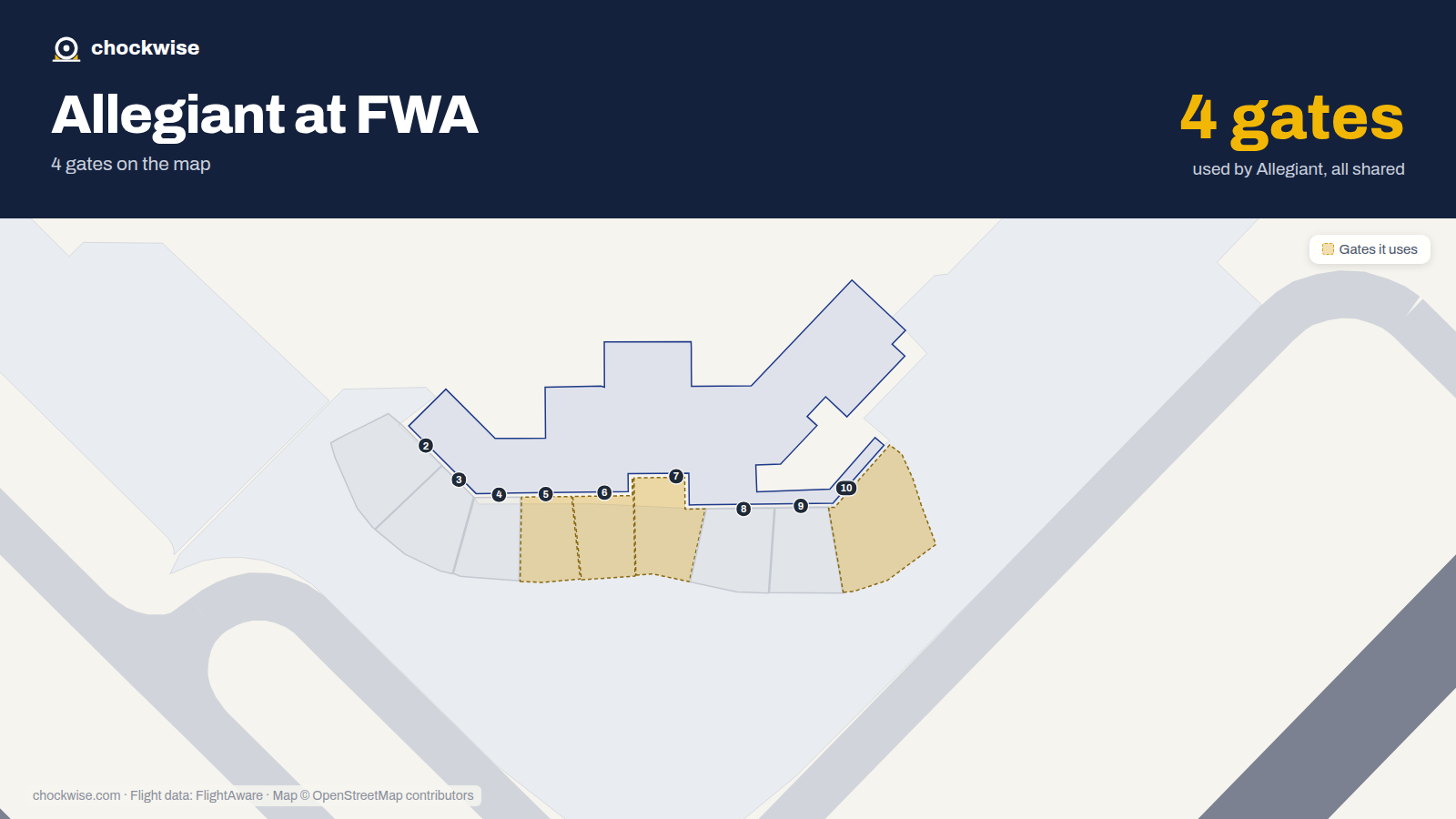 Map of FWA with the gates Allegiant Air uses highlighted: 5, 6, 7 and 10.