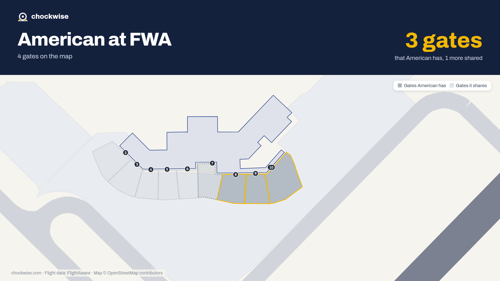 Map of FWA with the gates American Airlines uses highlighted: 8, 9 and 10.