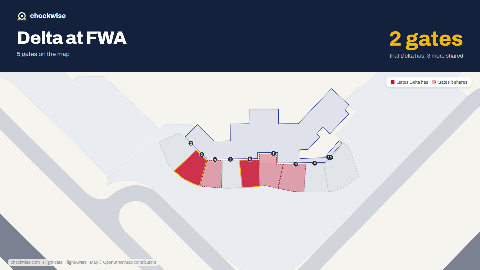 Map of FWA with the gates Delta Air Lines uses highlighted: 3 and 6.
