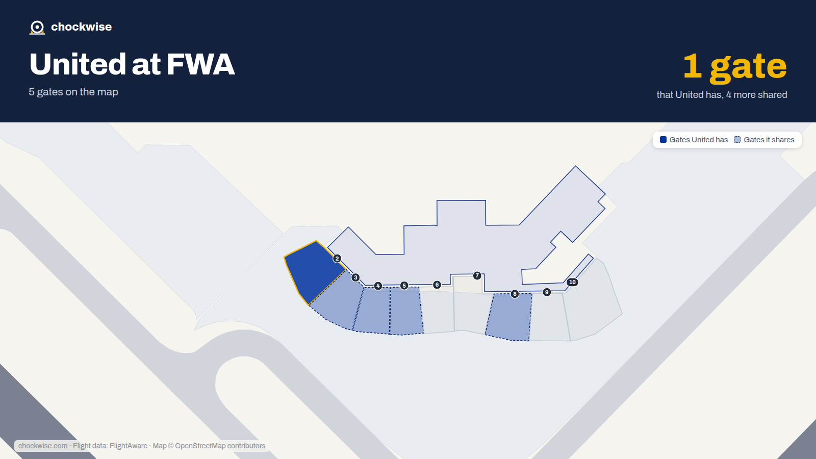 Map of FWA with the gates United Airlines uses highlighted: 2.