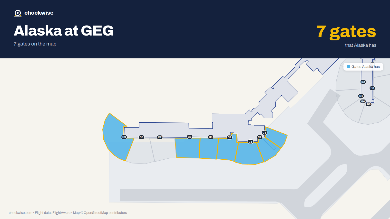 Map of GEG with the gates Alaska Airlines uses highlighted: C1, C2, C3, C4, C5, C6 and C9.