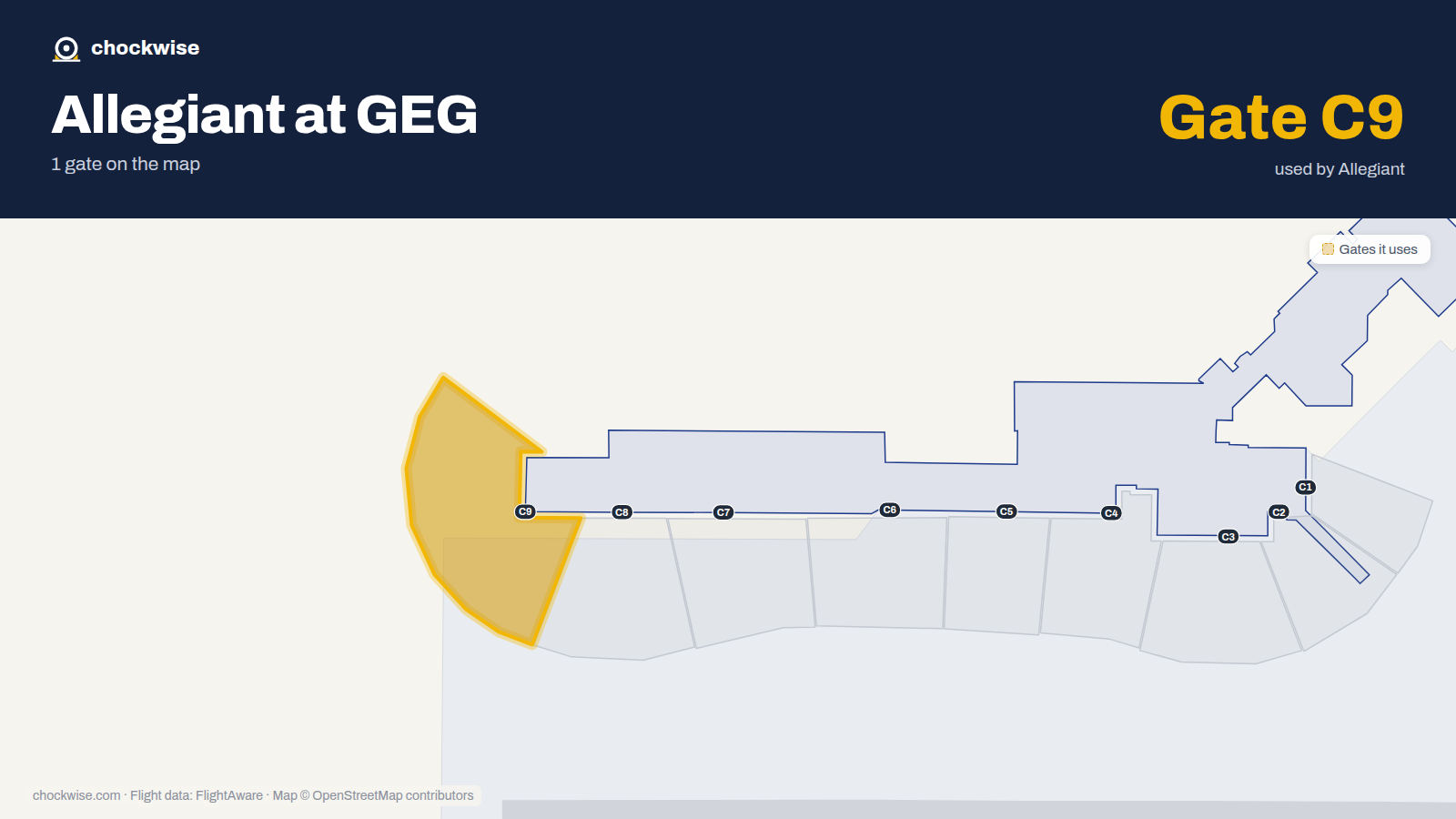 Map of GEG with the gates Allegiant Air uses highlighted: C9.