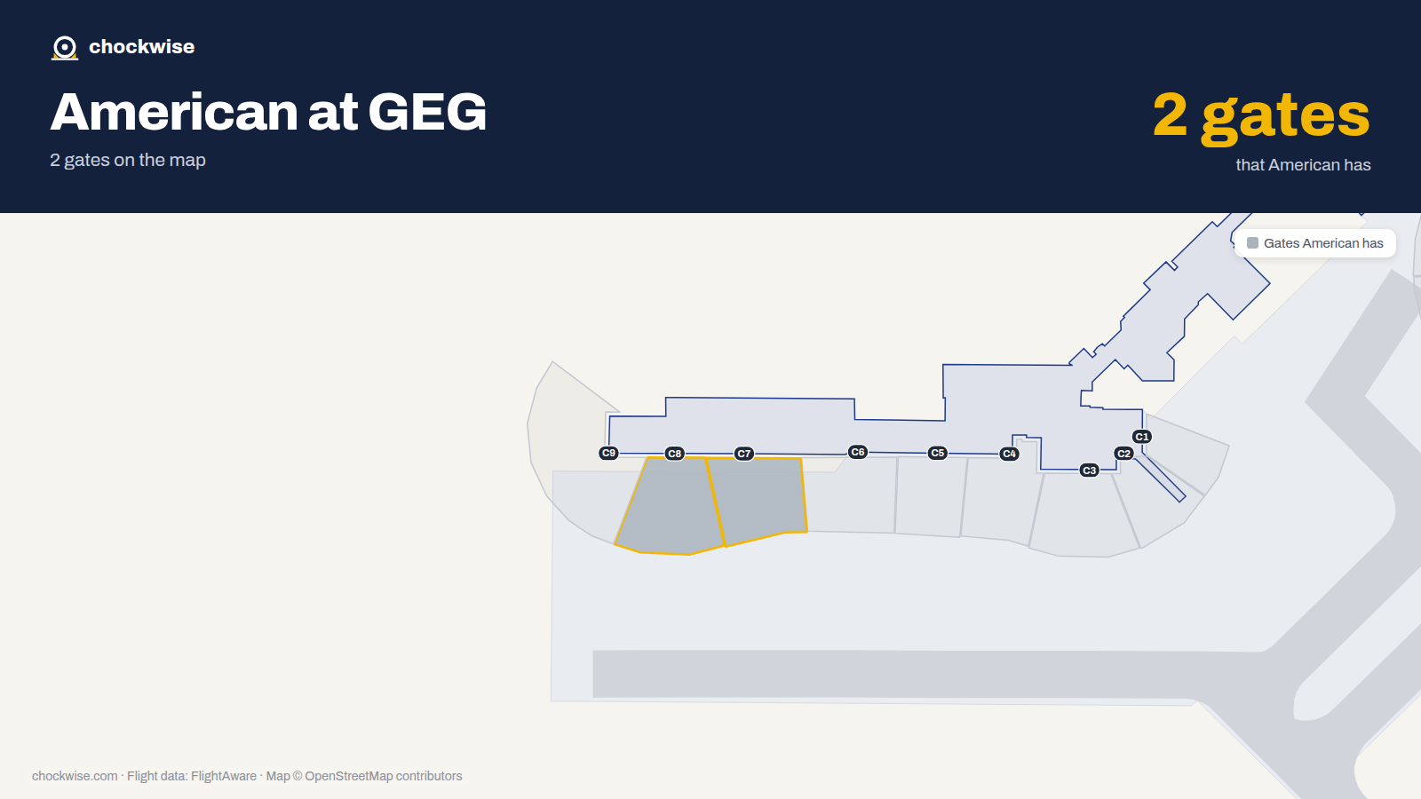 Map of GEG with the gates American Airlines uses highlighted: C7 and C8.