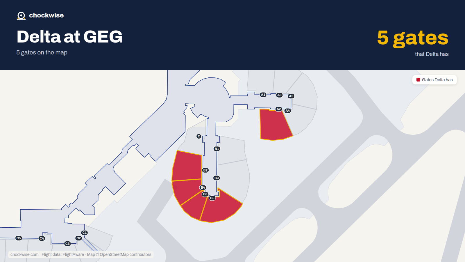 Map of GEG with the gates Delta Air Lines uses highlighted: A2, B2, B4, B5 and B6.