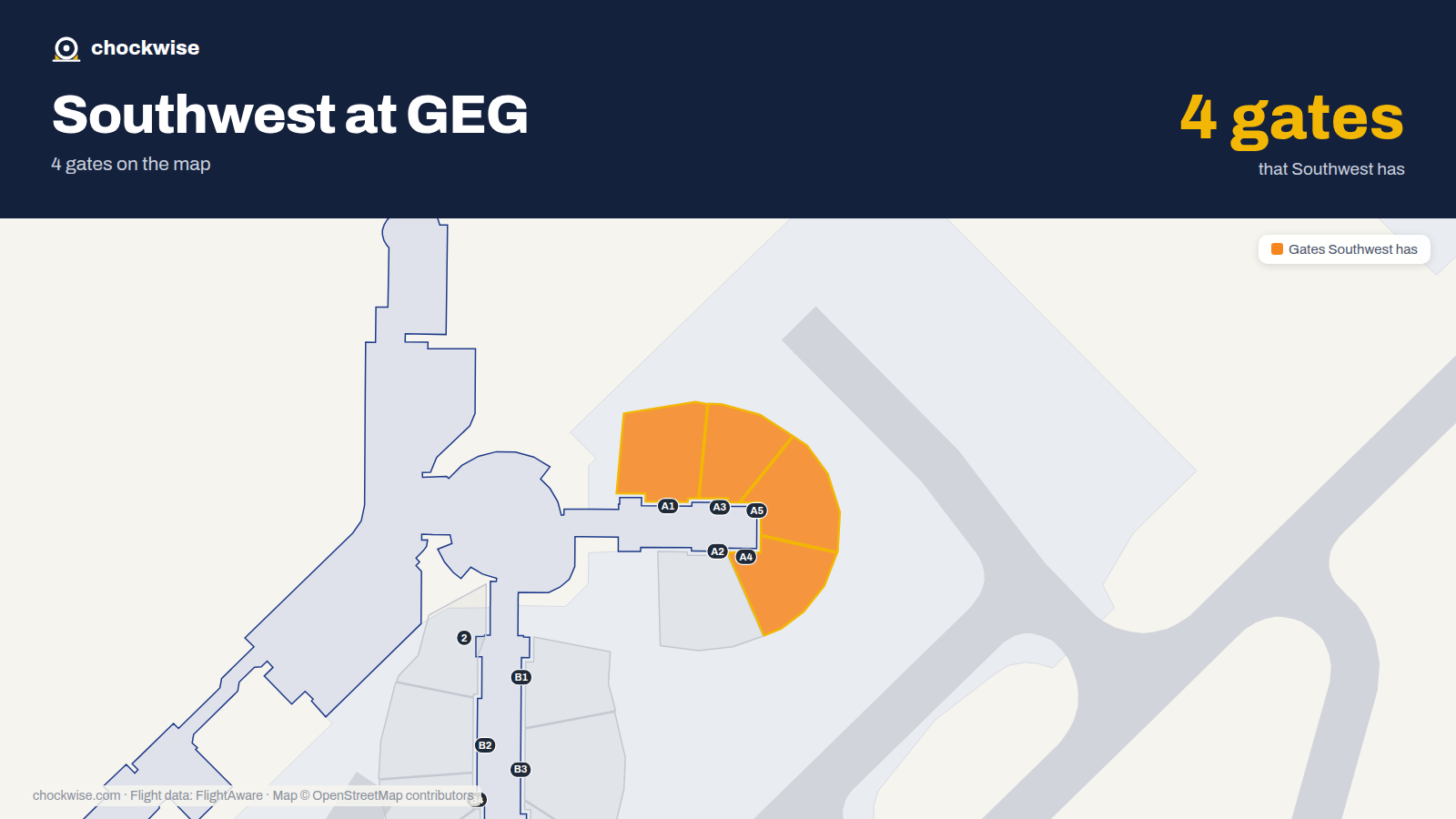 Map of GEG with the gates Southwest Airlines uses highlighted: A1, A3, A4 and A5.