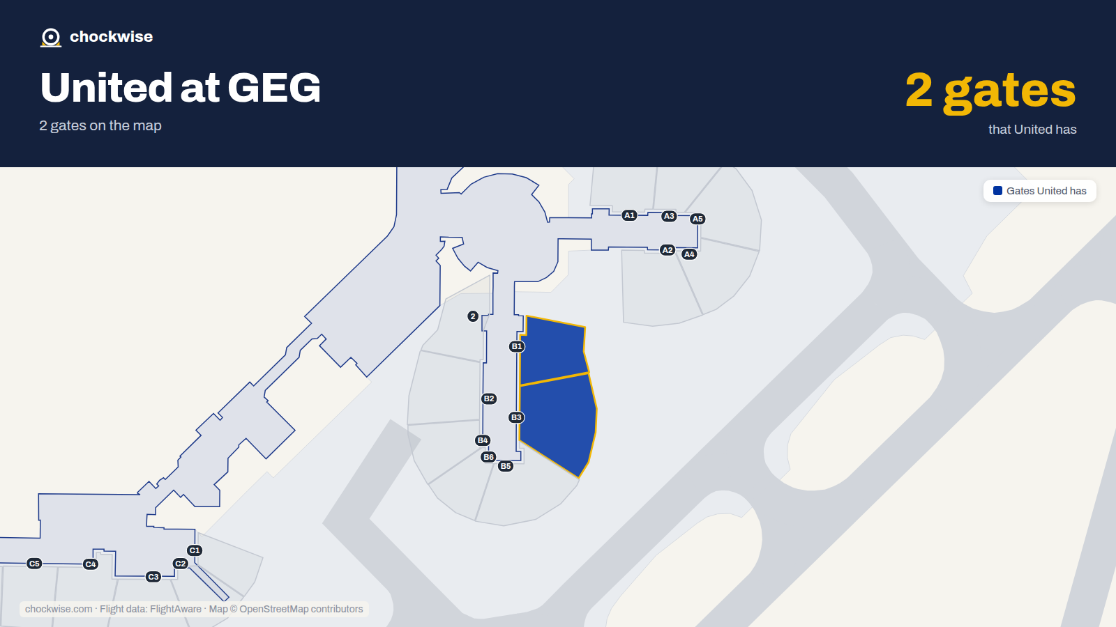 Map of GEG with the gates United Airlines uses highlighted: B1 and B3.