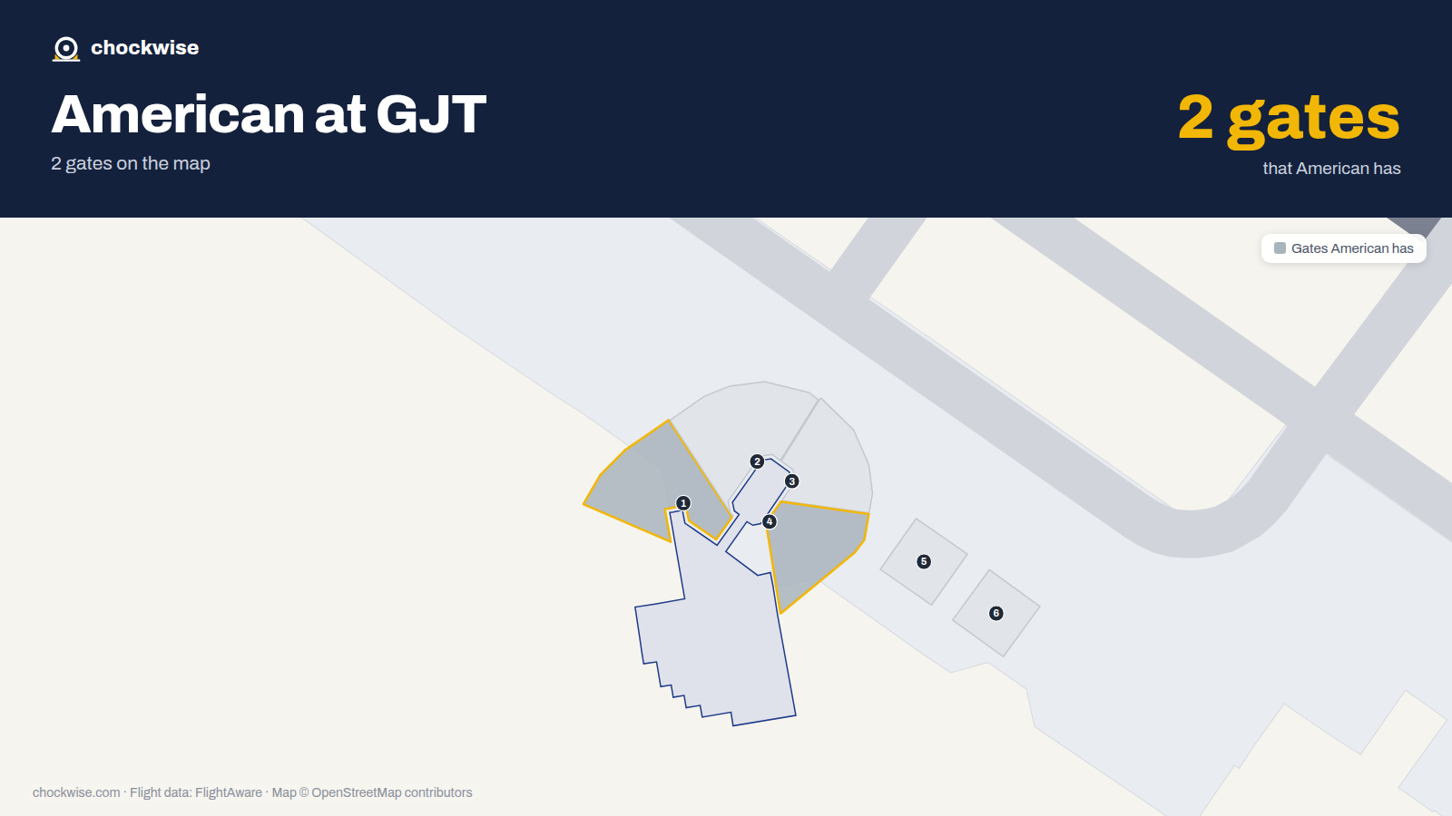 Map of GJT with the gates American Airlines uses highlighted: 1 and 4.