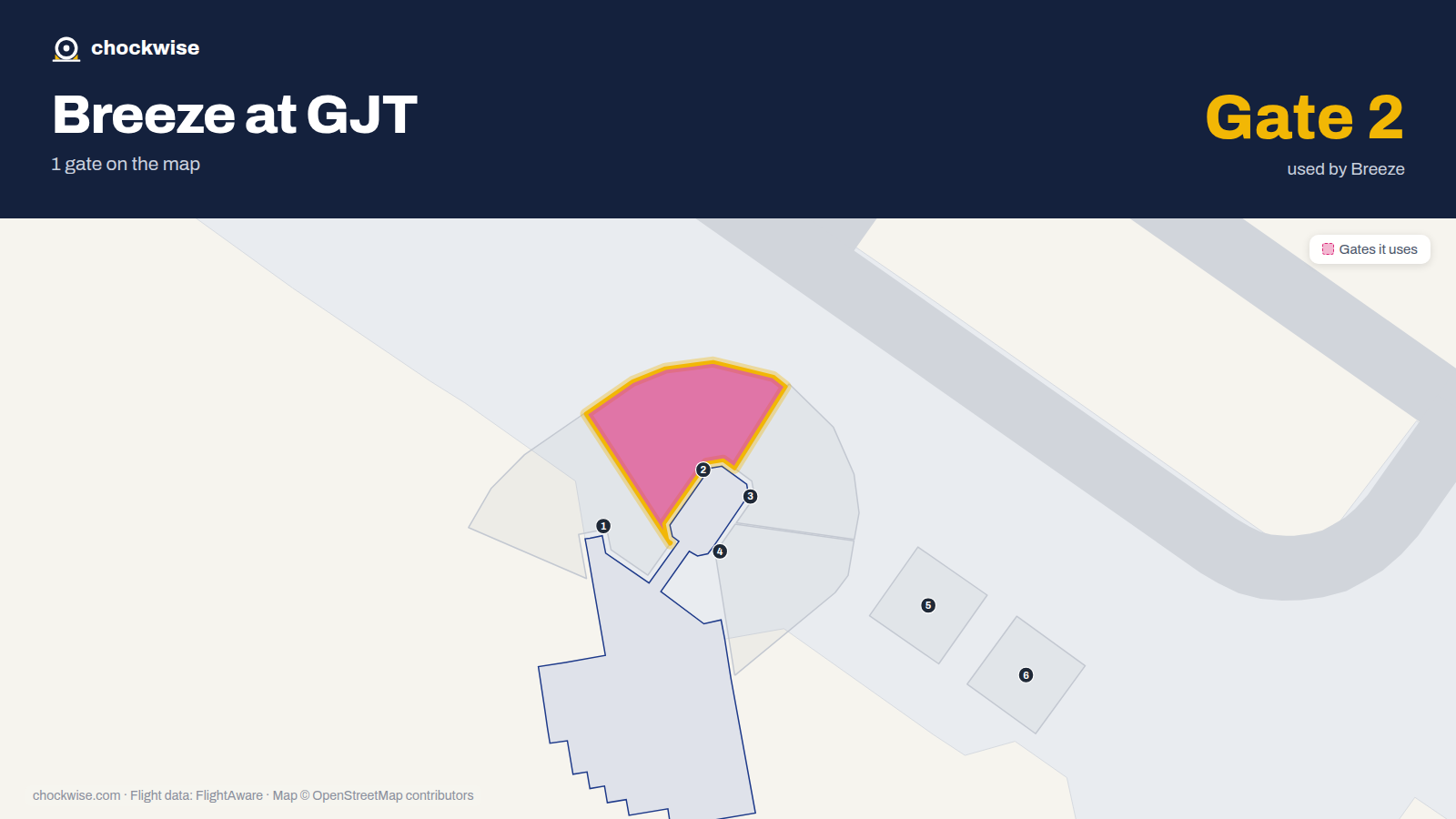 Map of GJT with the gates Breeze Airways uses highlighted: 2.