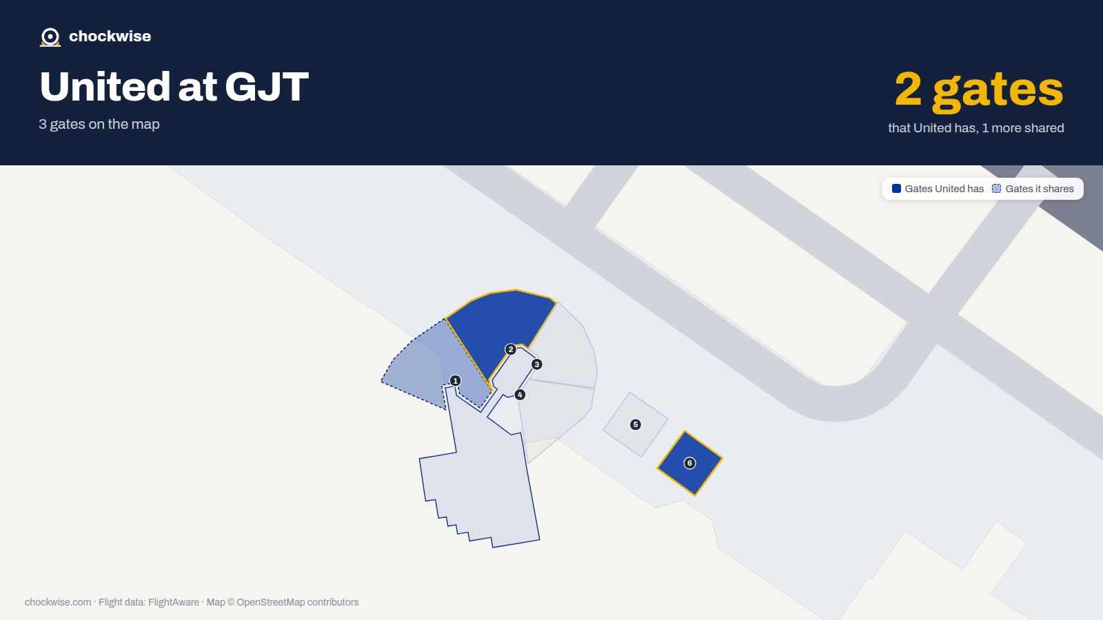 Map of GJT with the gates United Airlines uses highlighted: 2 and 6.