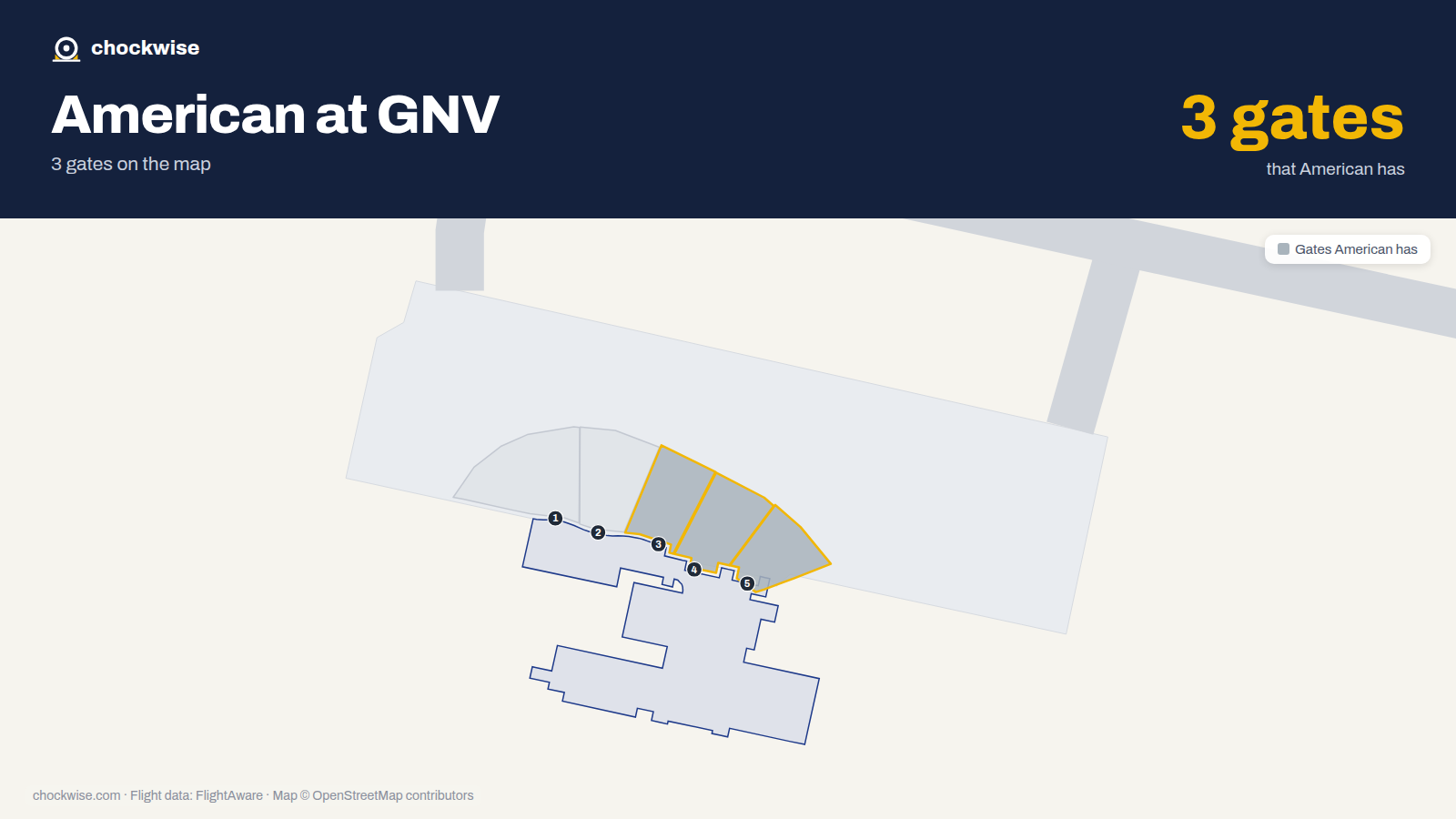 Map of GNV with the gates American Airlines uses highlighted: 3, 4 and 5.