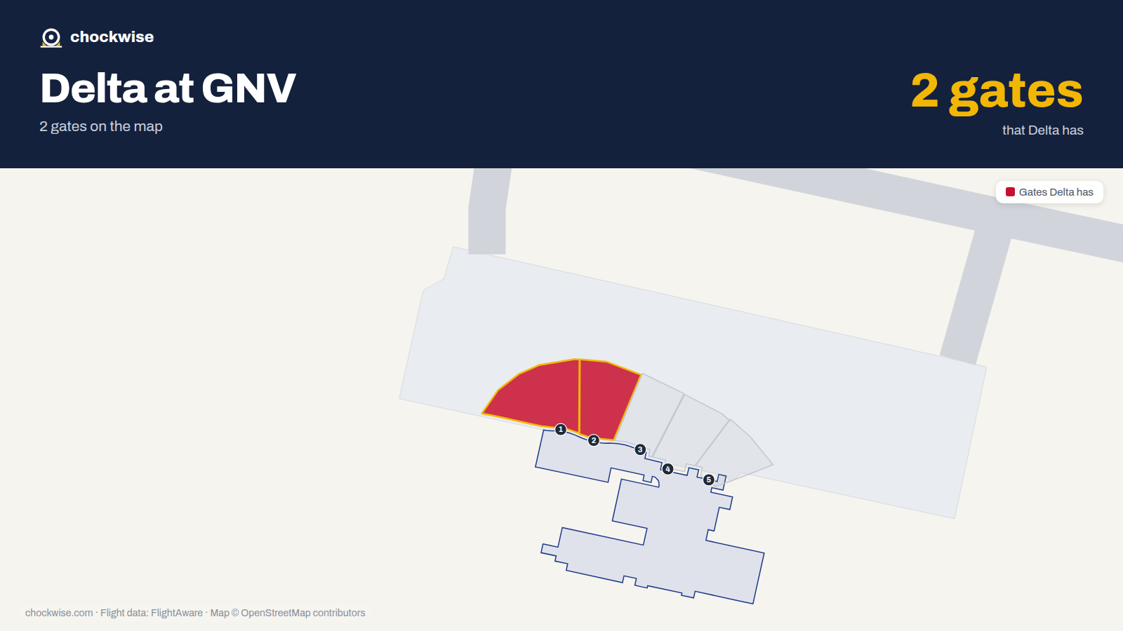 Map of GNV with the gates Delta Air Lines uses highlighted: 1 and 2.