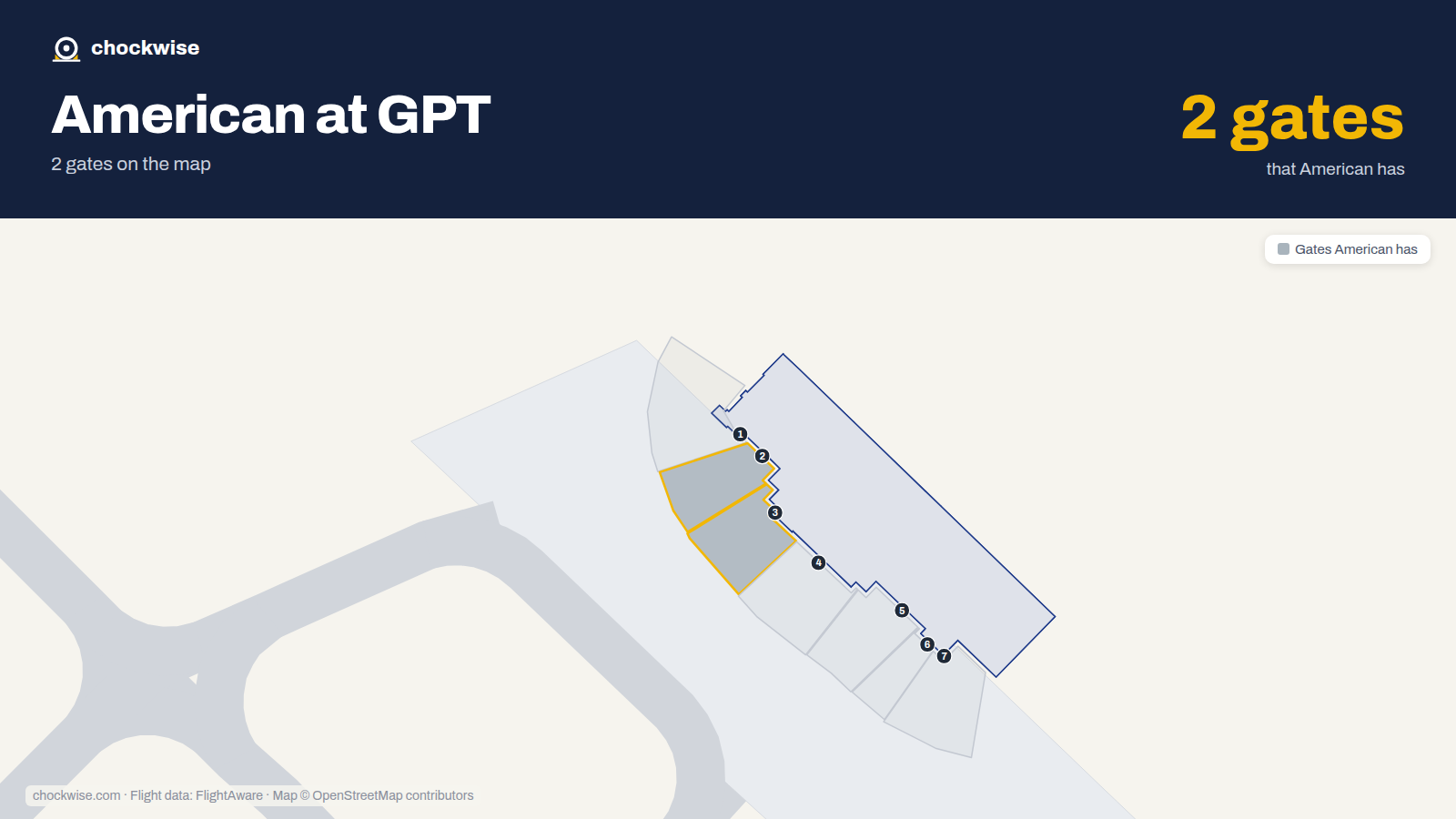 Map of GPT with the gates American Airlines uses highlighted: 2 and 3.