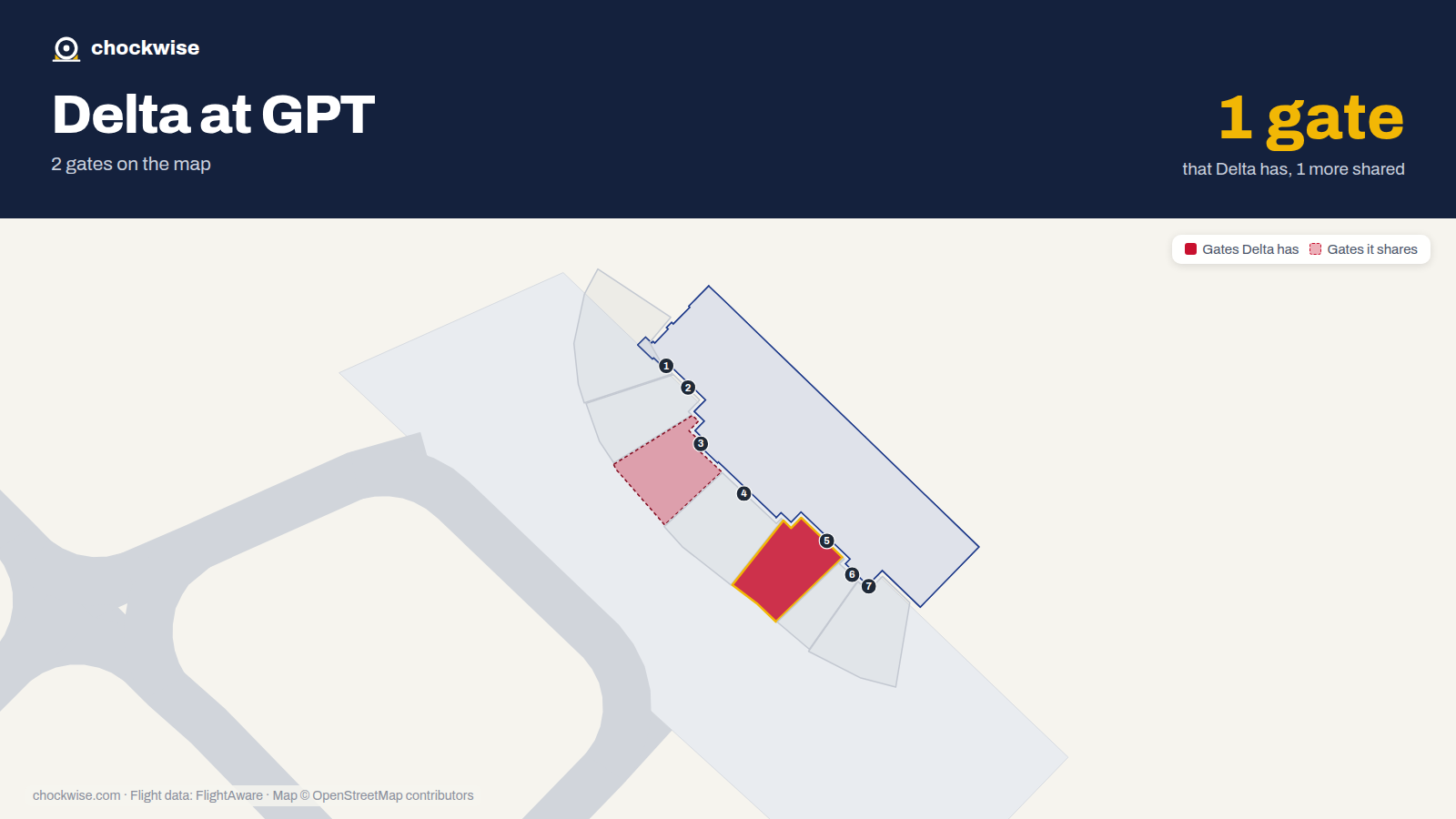 Map of GPT with the gates Delta Air Lines uses highlighted: 5.