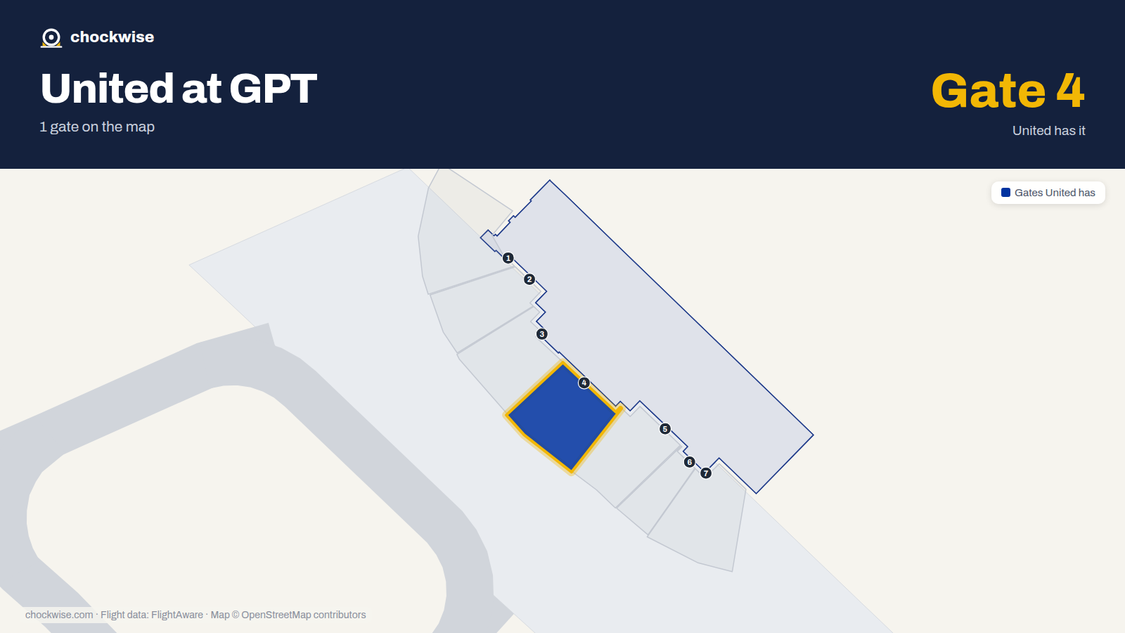 Map of GPT with the gates United Airlines uses highlighted: 4.