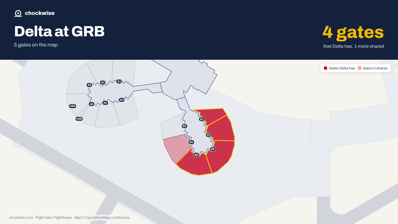 Map of GRB with the gates Delta Air Lines uses highlighted: B1, B3, B5 and B6.