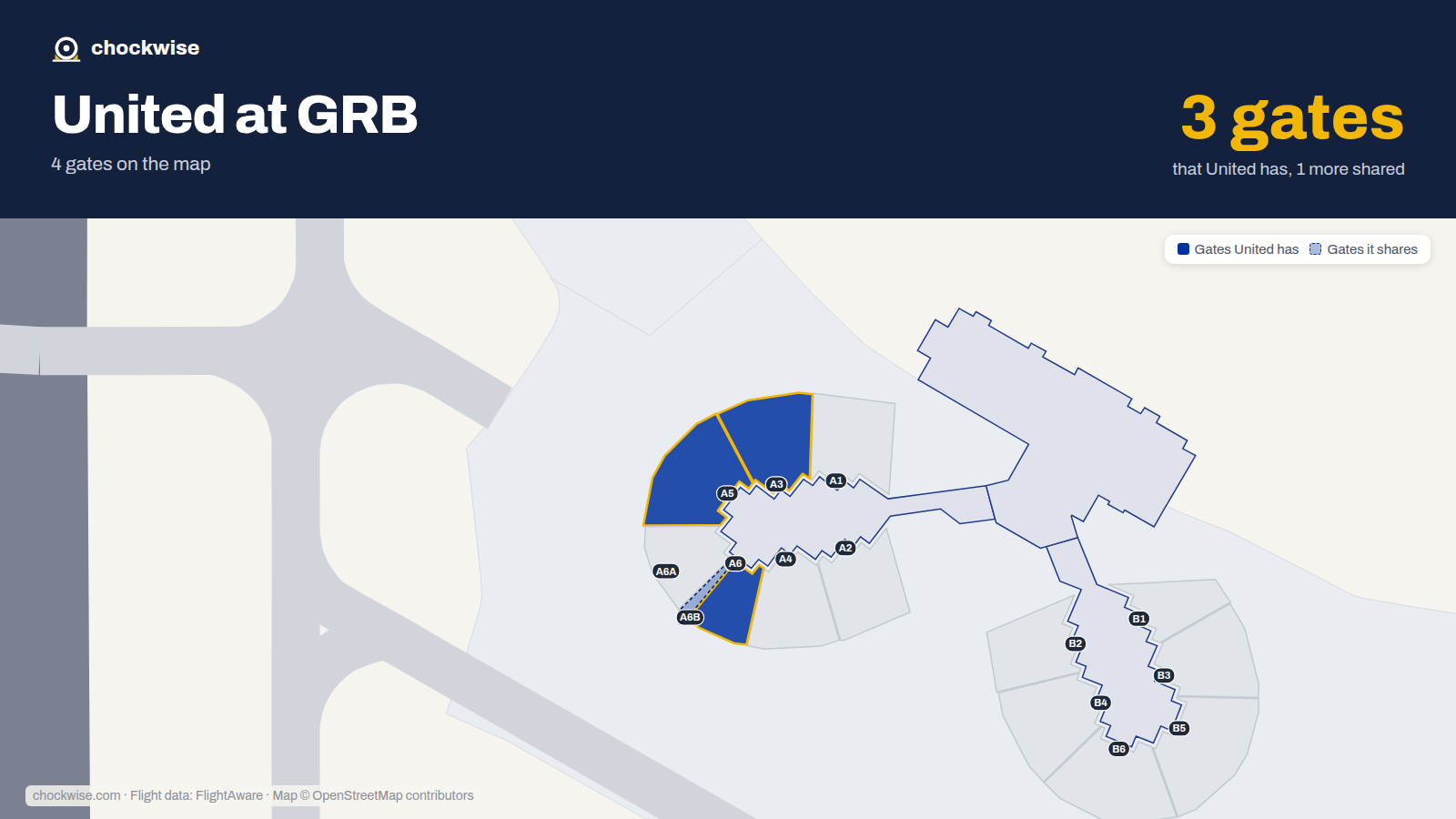 Map of GRB with the gates United Airlines uses highlighted: A3, A5 and A6.
