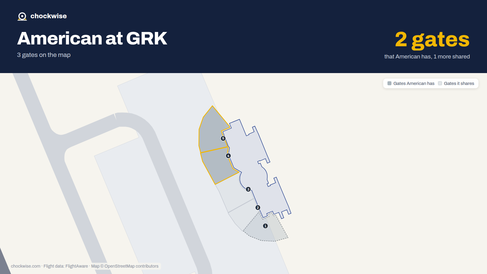 Map of GRK with the gates American Airlines uses highlighted: 4 and 5.