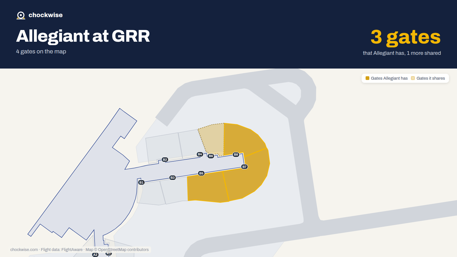 Map of GRR with the gates Allegiant Air uses highlighted: B5, B7 and B8.