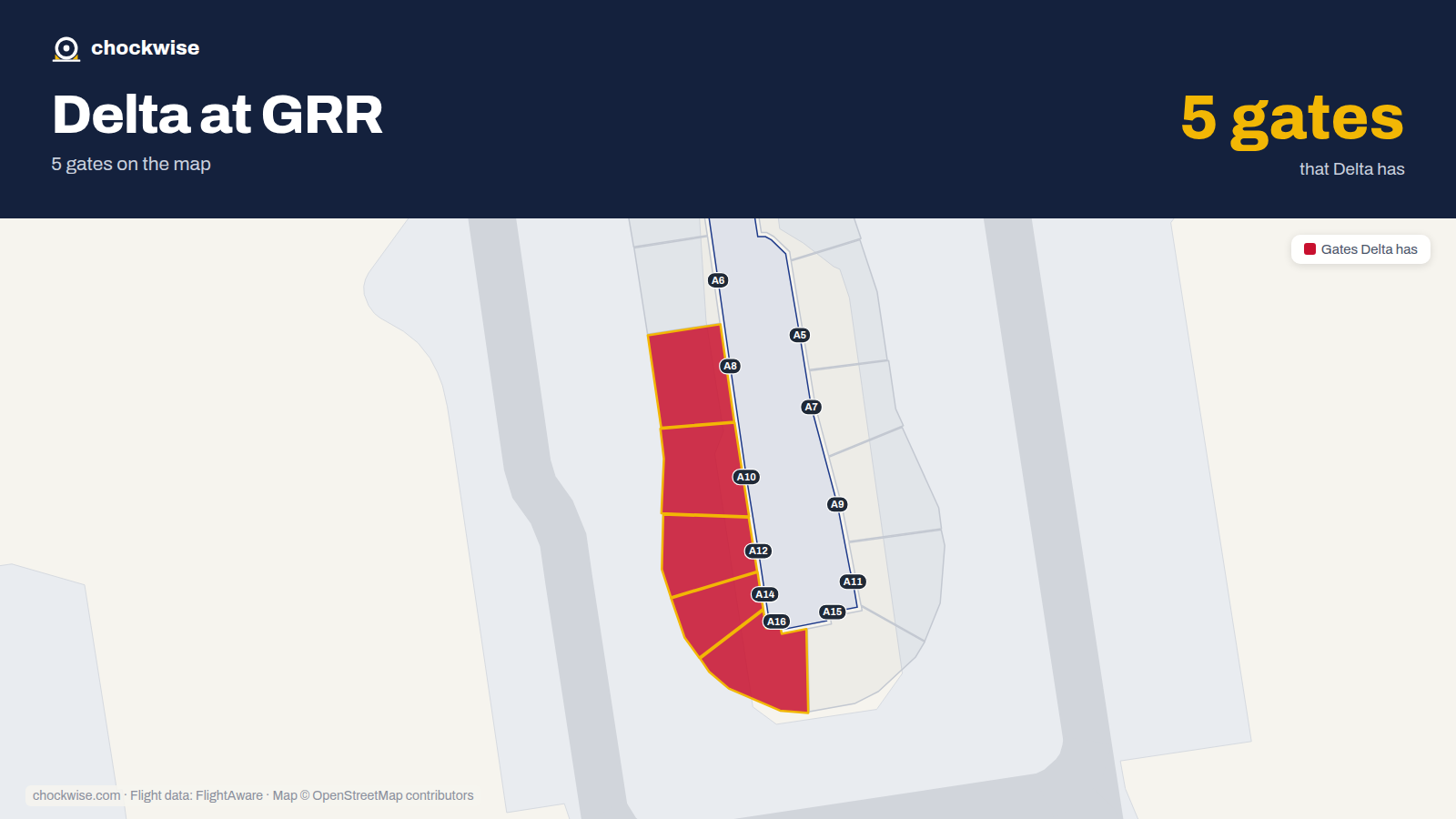 Map of GRR with the gates Delta Air Lines uses highlighted: A8, A10, A12, A14 and A16.