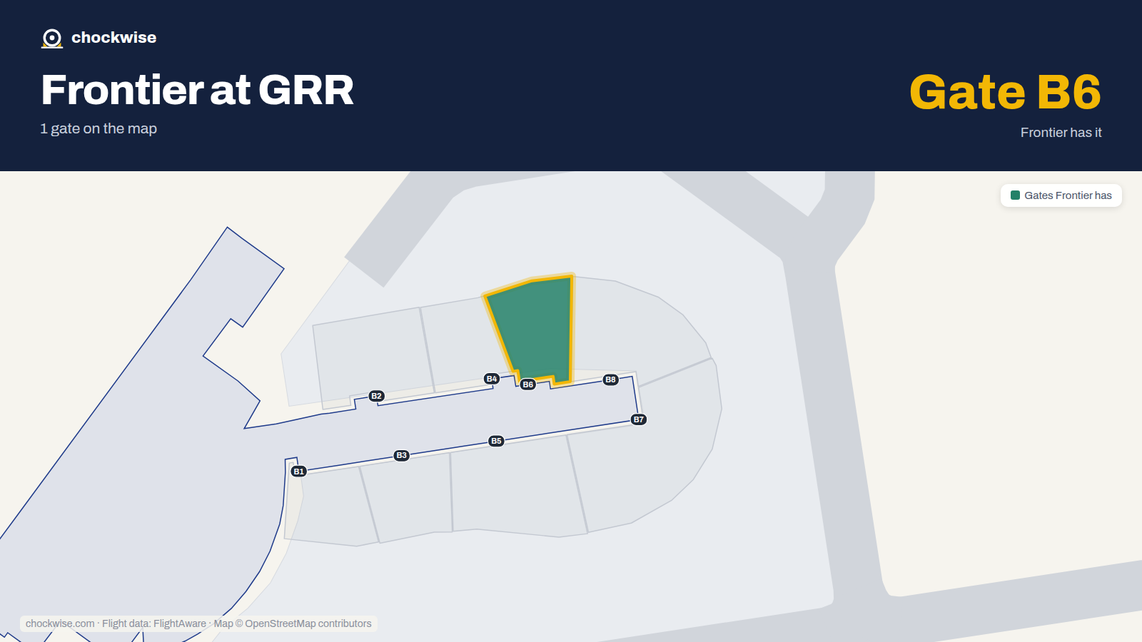 Map of GRR with the gates Frontier Airlines uses highlighted: B6.