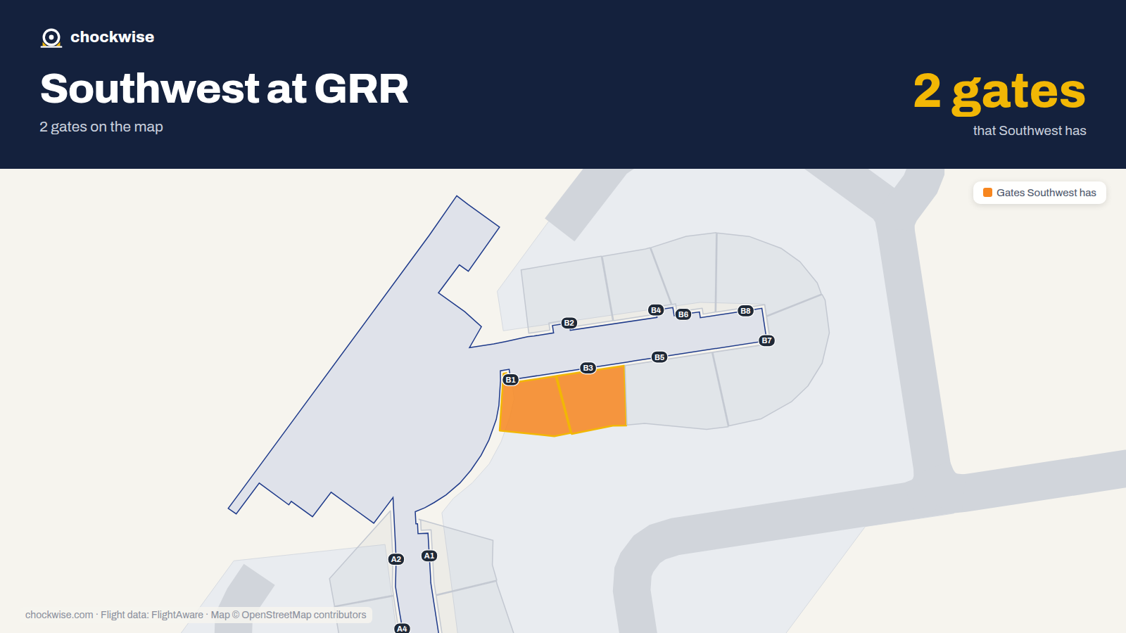 Map of GRR with the gates Southwest Airlines uses highlighted: B1 and B3.