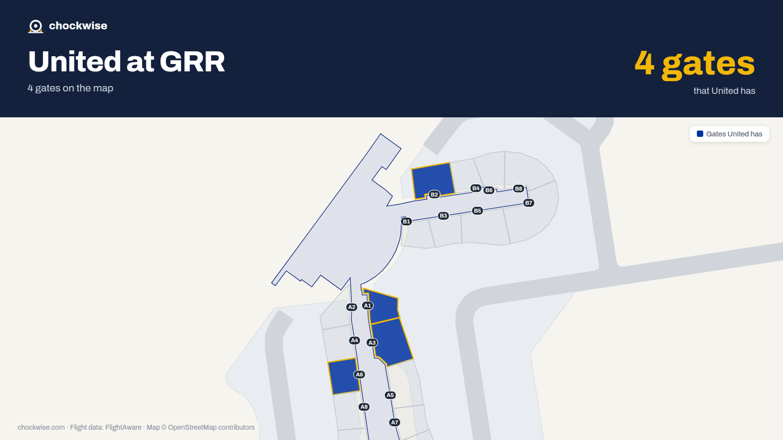 Map of GRR with the gates United Airlines uses highlighted: A1, B2, A3 and A6.