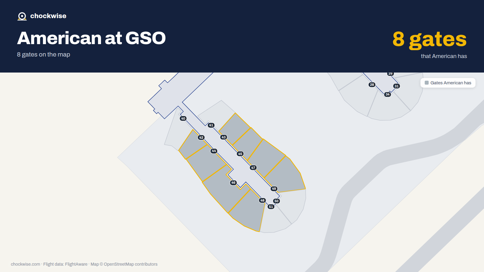 Map of GSO with the gates American Airlines uses highlighted: 42, 43, 44, 45, 46, 47, 48 and 49.