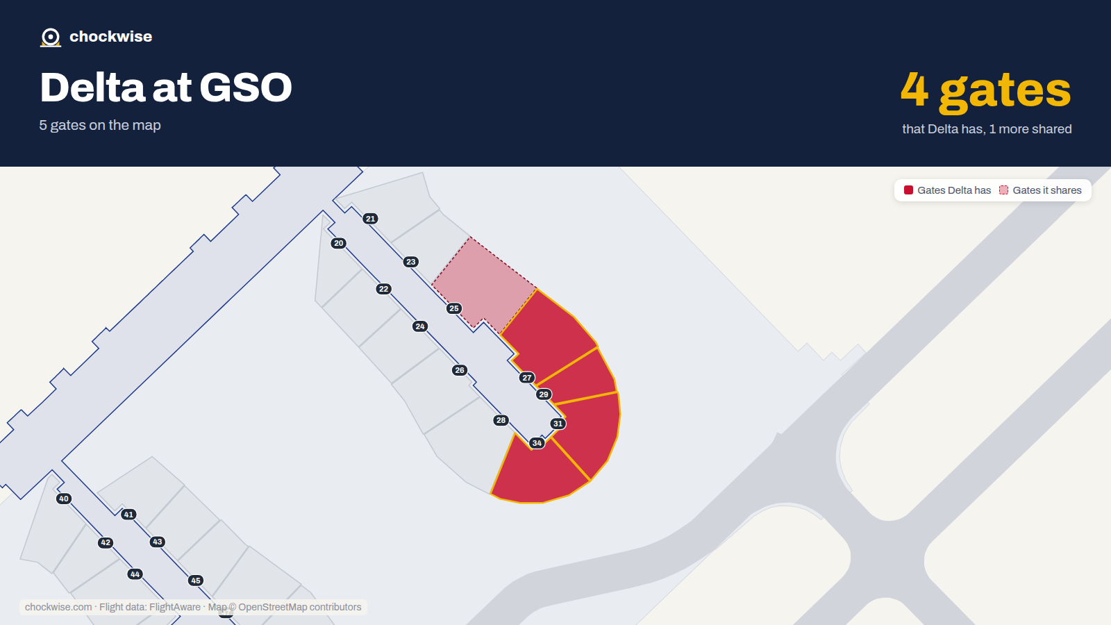 Map of GSO with the gates Delta Air Lines uses highlighted: 27, 29, 31 and 34.