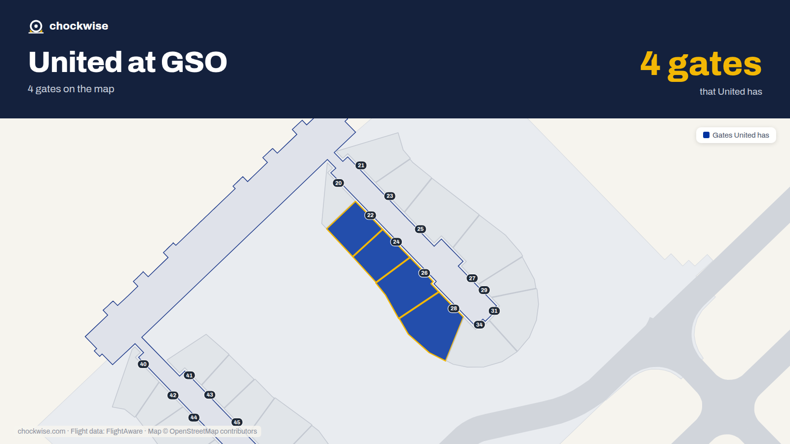 Map of GSO with the gates United Airlines uses highlighted: 22, 24, 26 and 28.